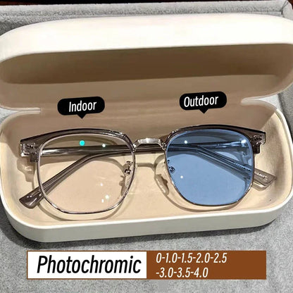 Photochromic Haif Frame Myopia Glasses New Prescription Near Sight Computer Eyeglasses Vintage Transparent Prescription Eyewear